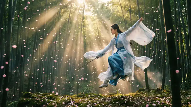 萝莉岛精彩影片预告片画面，竹林中女侠飞身舞剑